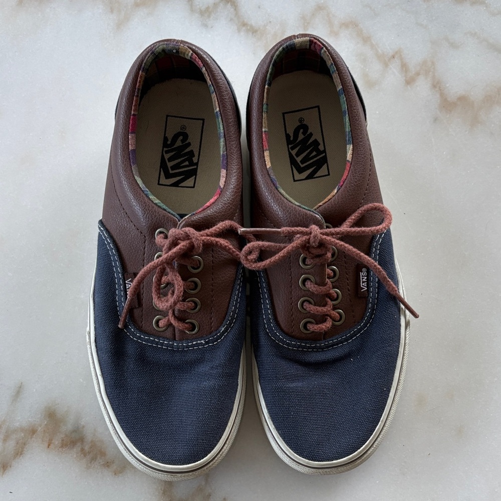 VANS Era in Navy with Plaid Lining and Brown Leather Detailing